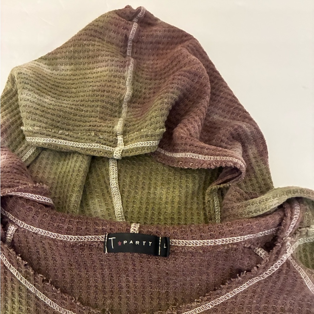 T Party Tie Dye Waffle Knit Hoodie Top Brown Green Beige Women L Fairy Grunge - Picture 3 of 10